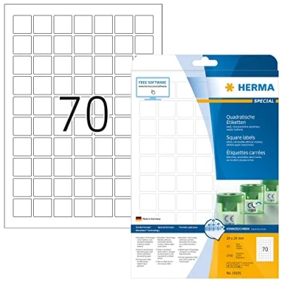 Obrázek HERMA 10105 univerzální odlepitelné etikety, 25 listů, 24 x mm, 70 na arch A4, 1750 kusů, samolepicí, potištěné, matné, čtvercové, prázdné papírové lepicí bílé