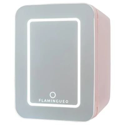 Obrázek Flamingueo Malá lednička 10 l Mini LED a zrcadlo, 12 V/220 V, Skincare Fridge, kosmetická chladnička, chladnička