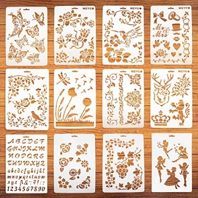 Obrázek Sadocom 12 Stück Zeichen Malerei Kunstschablonen, Schablonen auf Holz und Wänden, wiederverwendbare Kunststoff