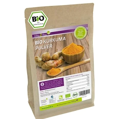 Obrázek Vita2You prášek s kurkumou bio 750 g nejvyšší 3 5 % kurkumin kvalita surových potravin přírodní kurkuma mletý laboratorně testováno prémiová