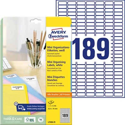Obrázek AVERY Zweckform L7658 25 mini organizační etikety (25,4 x 10 mm na DIN A4, samolepicí víceúčelové etikety, lze potisknout, pro organizaci a označení) 4.750 nálepek listů, bílé