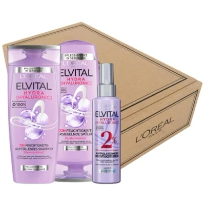 Obrázek L&#039;Oréal Paris Elvital Hydra Hyaluronic hydratační sada se šamponem, kondicionérem a Leave In sérem pro lesklé vlasy, s hyaluronem zvýšení vlhkosti, lesk ochrana, 3dílná