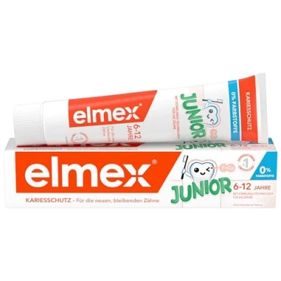 Obrázek elmex Zubní pasta Junior 6 12 let 75 ml lékařské čištění zubů s obsahem fluoridu 1400 ppm pro vysoce účinnou ochranu zubního kazu posiluje nové, trvalé zuby