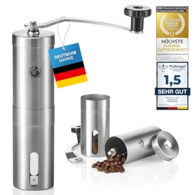 Obrázek Coffee Fox® mlýnek na kávu z ušlechtilé oceli a keramiky ruční doma, cesty, do kanceláře