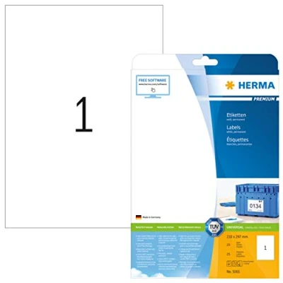 Obrázek HERMA Univerzální etikety 5065, 25 listů, 210 x 297 mm, 1 na arch A4, kusů, samolepicí, potisknutelné, matné, prázdné papírové lepicí samolepky, bílé