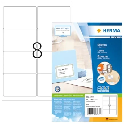 Obrázek HERMA 4269 přepravní etikety, 100 listů, 99,1 x 67,7 mm, 8 archů A4, 800 kusů, samolepicí, potištěné, matné, prázdné papírové štítky na adresu, bílé