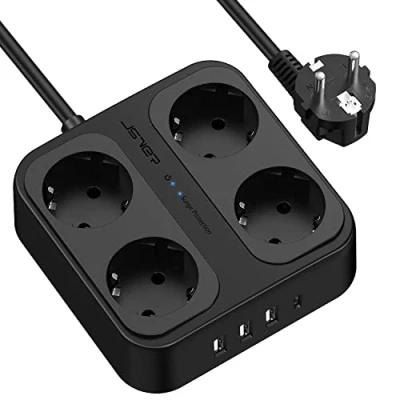 Obrázek Zásuvková lišta, JSVER vícenásobná zásuvka se 4 přihrádkami, 3 USB a 1 C rozvodná s vypínačem, nástěnná ochrana proti přepětí prodlužovací kabel pro domácnost kancelář, 1,8 m černá