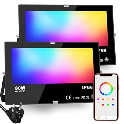 Obrázek HEKEE RGB LED reflektor venkovní, změna barvy 80 W, režim blesku, světlomet, časovač, Bluetooth IP66 vodotěsný