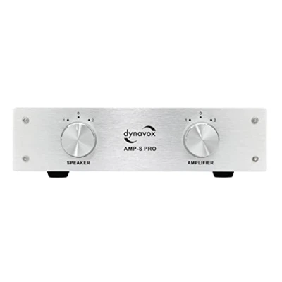 Obrázek Dynavox AMP S Pro, přepínač zesilovače a reproduktorů v kovovém pouzdře, pro stereo prostorový zesilovač, spojení přes konektor banánu nebo svorkovou přípojku, stříbrný