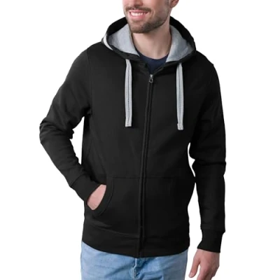 Obrázek HRM pánská mikina s kapucí I Premium kontrastní podšívkou Basic Hoodie se zipem kvalitní a udržitelné pánské oblečení, černá