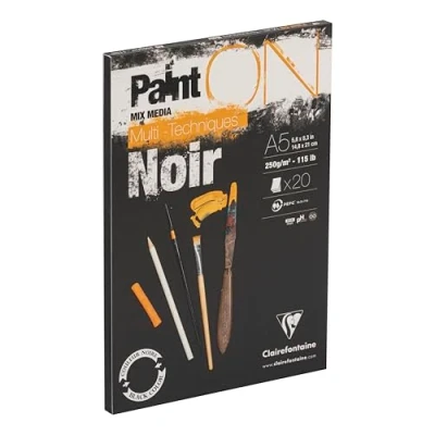 Obrázek Clairefontaine 975168C Zeichenblock / Skizzenheft PaintON, DIN A5 14,8x21 cm, kopfseitig geleimt, 20 Blatt, 250g, 100% Zellulose, ideal für Mixmedia, leichte raue Oberfläche, Schwarz, 1 Stück.