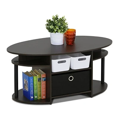 Obrázek Furinno Oválný konferenční stolek JAYA s moderním designem se zásuvkou, dřevo, ořech, 50, 04 x 16, 4 cm