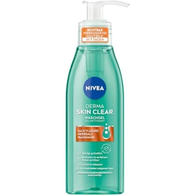 Obrázek NIVEA Derma Skin Clear mycí gel, Cleanser pro viditelně vylepšený vzhled pokožky, efektivní čištění obličeje problematickou pleť s kyselinou salicylovou a niacinamidem (150 ml)