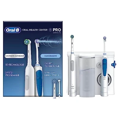 Obrázek Oral B Health Center Munddusche mit Oxyjet Technologie für Zahnreinigung, 2 Ersatzdüsen &amp; PRO Series 1 Elektrische Zahnbürste/Electric Toothbrush, Aufsteckbürsten, 3 Modi Zahnpflege, weiß