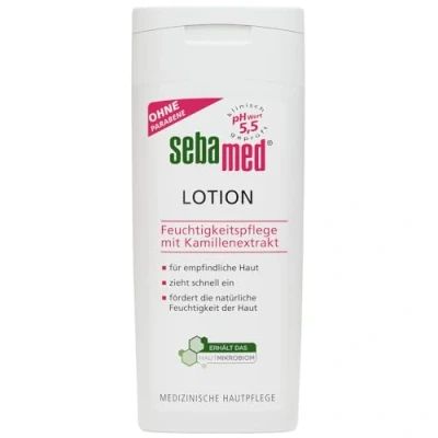 Obrázek Sebamed Lotion 200 ml, podporuje přirozenou hydrataci pokožky, činí ji hladší a hebčí, dodává pokožce větší pružnost pečuje o výtažkem z heřmánku allantoinem