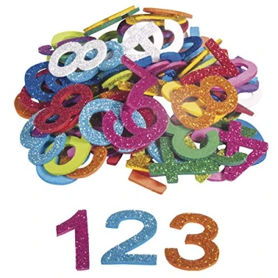 Obrázek Rayher 30228000 třpytivých čísel z mechové pryže, 3 cm, 100 kusů, samolepicí, mix barev, třpytivé pěnové nálepky, nálepka mechová pryž 0 9, k dekoraci, barevné