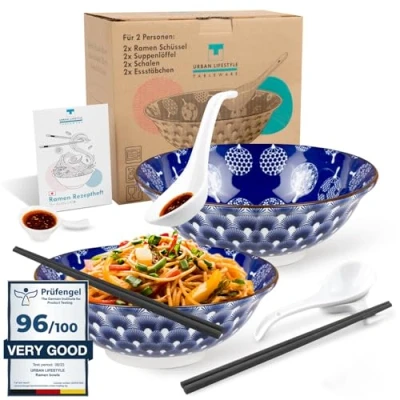 Obrázek Ramen Schüssel Dinner Set 2 osoby z porcelánu 20 cm objem 0,8 1 l Mísa na polévku salátová Pho Polévka Bowl nudle Misky müsli (Uchiwa)