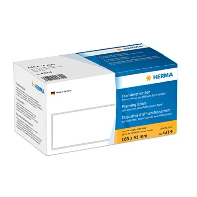Obrázek HERMA 4314 frankovací etikety pro stroje, 165 x 41 mm, 1000 kusů, samolepicí, matné, jednotlivé, papírové frankierské samolepicí nálepka s vytahovacím poutkem, bílá