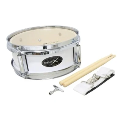Obrázek GEWA Junior Marching buben, pochodový buben 10 x 4&quot;, dřevěný kotel bílý, vč. nosných popruhů a paliček na