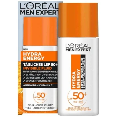 Obrázek L&#039;Oréal Men Expert UV ochrana proti slunci LSF 50 pro muže, Invisible Fluid na obličej slunečním paprskům, pánský opalovací krém SPF 50+ stárnutí pokožky s vitaminem C, Hydra Energy, 1 x