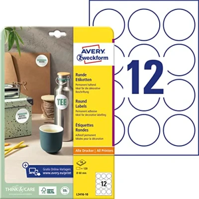 Obrázek AVERY Zweckform L3416 10 kulatých etiket (120 lepicích bodů, Ø 60 mm na A4, kulaté nálepky k potisku, samolepicí štítky výrobky, permanentně přilnavé etikety marmelády) listů, bílé