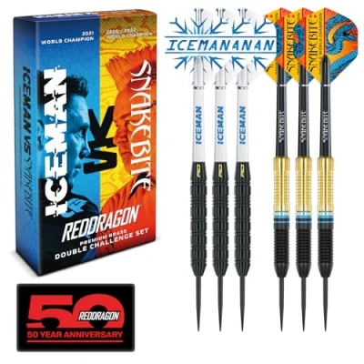 Obrázek RED DRAGON Peter Wright &#039;Snakebite&#039; v Gerwyn Price &#039;Iceman&#039; DWC Steel Tip sada šipek z mosazi s letkami a stopkami