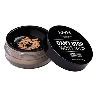 Obrázek NYX Professional Makeup Prášek, Can&#039;t Stop Won&#039;t Setting Powder, Volný fixační pudr, veganská receptura, matný povrch, absorbující olej, barevný odstín: střední