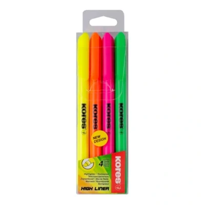 Obrázek Kores High Liner: Feine neonfarbene Textmarker, Keilspitze und Tinte auf Wasserbasis, Schul Bürobedarf, 4er Pack sortierte Farben