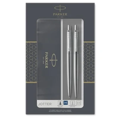 Obrázek Parker Jotter Duo Geschenkset mit Kugelschreiber und Druckbleistift (0,5 mm) Edelstahl Chromzierteilen Nachfüllmine blauer Tinte Schulsachen bürobedarf Geschenkbox