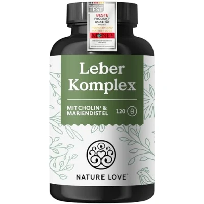 Obrázek NATURE LOVE® Komplex jater 120 kapslí s bodlákem, cholinem, extraktem z artyčoku, kurkuma a zinku jaterní kůra ve vysokých dávkách, veganská, laboratorně testovaná vyrobena v Německu