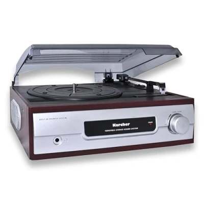 Obrázek Karcher gramofon se zabudovanými stereo reproduktory, vinylový Line Out, konektor na sluchátka, 2 rychlosti, nostalgický retro KA 8050, stříbrný