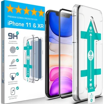 Obrázek XeloTech 3D/4D ochranné sklo pro iPhone 11 &amp; XR s 6,1 palců Full Screen ochranná fólie ze skla se šablonou umístění 9H ochrana displeje vhodné pouzdro