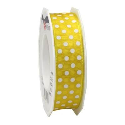 Obrázek PRÄSENT Polka DOTS Band mit Drahtkante gelb/weiß, 20 m gepunktetes Dekoband, 25 mm Breite, leicht biegsames Schleifenband zum Dekorieren &amp; Basteln, für besondere Anlässe