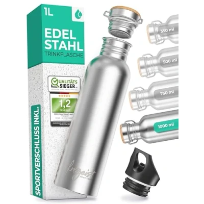 Obrázek láhev na vodu 1 l + EXTRA sportovní uzávěr, Water Bottle z ušlechtilé oceli pití 750 ml, 500 ml 350 bez BPA, l, nerezová ocel,