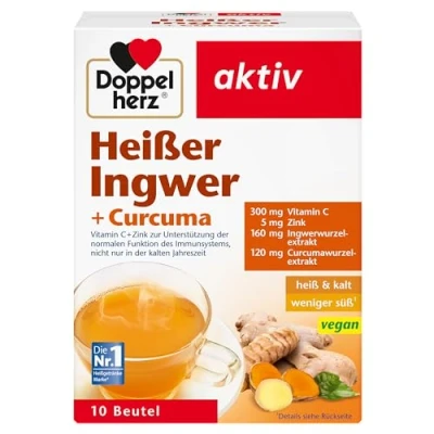 Obrázek Doppelherz horký zázvor a kurkuma vitamin C zinek na podporu normální funkce imunitního systému studený veganský 10 sáčků