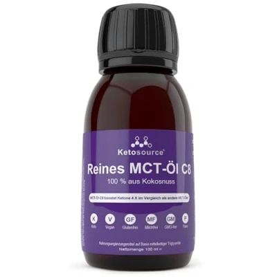 Obrázek Čistý MCT olej C8 cestovní velikost Produkuje 4x ketony ve srovnání s jinými oleji Nejvyšší čistota přes 99 % 100 z kokosu podporuje keto a půst Vegan ml Ketosource®