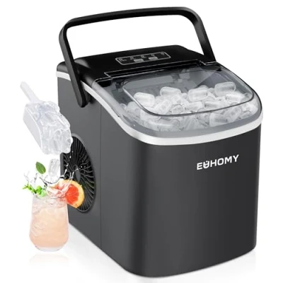 Obrázek EUHOMY výrobník ledových kostek malý, 12 kg, Ice Maker, 9 hotových za 6 minut, černý s přenosnou rukojetí, kg / 24 h, samočisticí přístroj