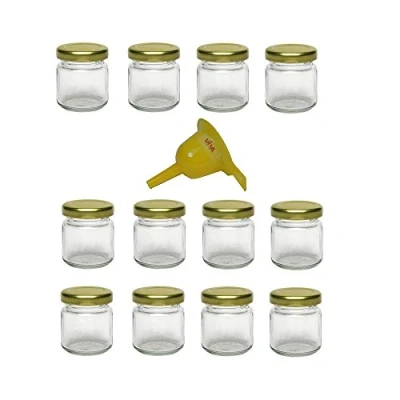 Obrázek Viva Haushaltswaren 12 x mini zavařovací sklenice 53 ml se zlatým víkem, kulaté skleněné dózy použitelné jako na marmeládu, kořenky, dárek pro hosty atd. (vč. trychtýře Ø 12,3 cm)