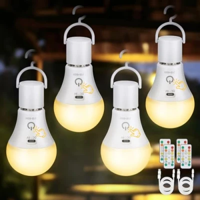 Obrázek Kimjo dobíjecí žárovka s baterií dálkovým ovládáním E27 7W baterie USB 3 barvy stmívatelná funkcí časování Touch Control Outdoor Nouzové světlo 4 kusy