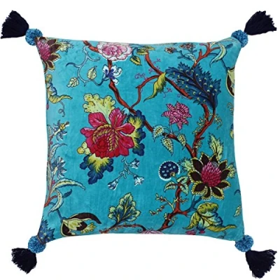 Obrázek Riva Paoletti Tree Of Life Kissenbezug Eisvogel Blue Floral Chinoiserie Druck Pompom Quaste Corners Maschinenwaschbar 100% Baumwolle 50 X Cm (20&quot; 20&quot; Zoll) Entwickelt In Großbritann