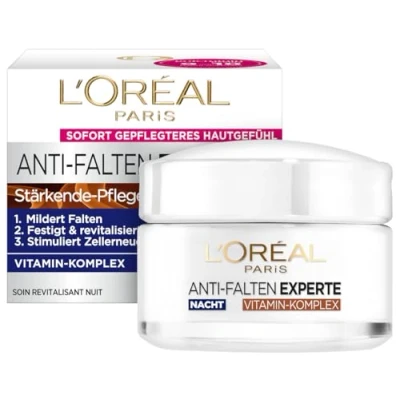 Obrázek L&#039;Oréal Paris noční péče o obličej, krém proti stárnutí pro zmírnění vrásek, vitaminu B3 a E, zpevňuje revitalizuje pokožku, expert vráskám, 1 x 50 ml