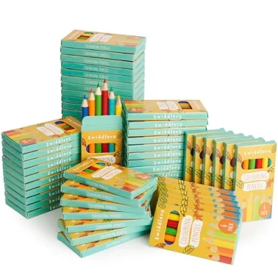 Obrázek THE TWIDDLERS 60 boxů s mini pastelkami 6 tužek v balení, celkem 360 snadno uchopitelná kulatá rukojeť, délka 9 cm, multibalení pro dětské narozeninové kornouty (balení x ks)