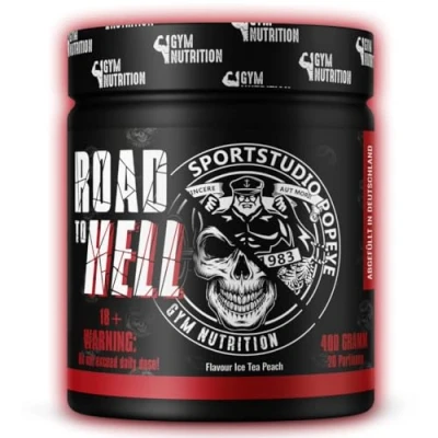 Obrázek ROAD TO HELL Ultra Hardcore Booster Pre workout prášek ATP + L arginin citrulin Beta Alanin kofein 400 g ve spolupráci se sportovním studiem Popeye Ice Tea Peach příchuť Vegan