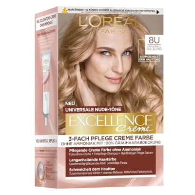 Obrázek L&#039;Oréal Paris Permanentní barva na vlasy pro každý odstín pleti, barvení bez čpavku, univerzální odstíny nude s kompletním pokrytím šedin vlasů, krém Excellence, č. 8U světlá blond (blond), 1 kus