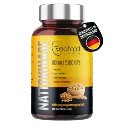 Obrázek Redfood® Nattokinase kapsle vysoké dávky 290 kapslí po 100 mg (20 000 FU/g) 9měsíční zásoba laboratorně testováno a veganské Natto ze sóji bez GMO nežádoucích přísad
