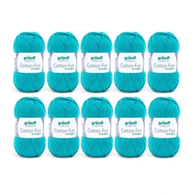 Obrázek Gründl Cotton Fun pletací příze / háčkovací (měkká ze 100% bavlny, certifikováno Öko Tex, 50 g/115 m, síla jehlic: 3 4, 10 klubko á g), tyrkysově modrá, 27. 00 x 11. 07. cm
