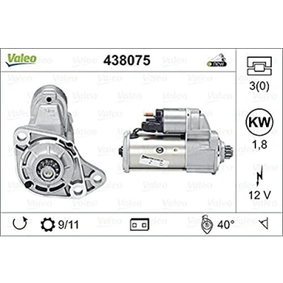 Obrázek VALEO 438075 startér jmenovitý výkon: 1,8 kW Stop &amp; start: NO počet zubů: 11 napětí 12 V směr otáčení: ANTI CLOCKWISE