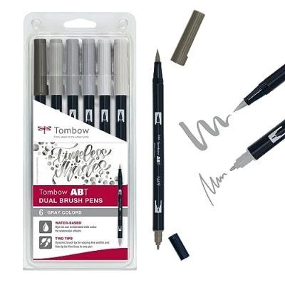 Obrázek Tombow ABT Dual Brush Pen, šedé barvy, pero se dvěma hroty, perfektní pro ruční psaní a Bullet Journal, lze roztírat vodou, 6P 6, 6dílná sada, 1 kus (6 ks v balení)