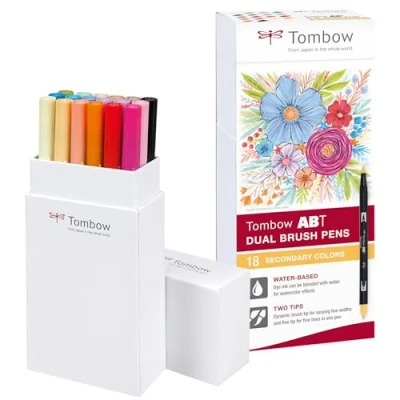 Obrázek 18 Tombow, fixy na textilie (sekundární barvy), dual brush pen, se dvěma špičkami + fuden osuke tvrdý měkký lze použít pro akvarely, bázi vody, netoxické, bez obsahu kyselin a zápachu