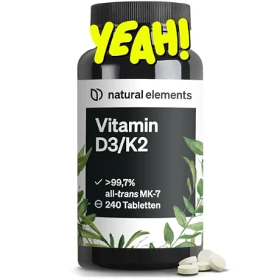 Obrázek Vitamín D3 + K2 &gt; 99,7% all trans MK 7 &amp; 2000 IE vitaminu 240 tablet vysoce dávkované, optimálně biologicky dostupné bez zbytečných přísad vyrobeno v Německu